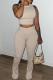 Khaki Casual Solid Color Patchwork O Neck Sleeveless Two Pieces