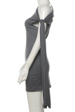 Grey Sexy Solid Color Patchwork O Neck Wrapped Skirt Dresses