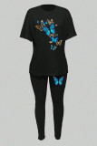 Black Casual Print Patchwork O Neck Short Sleeve Two Pieces