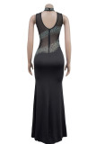 White Sexy Patchwork Hot Drilling See-Through Backless Turtleneck Long Dresses