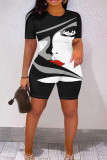 Black Casual Print Basic O Neck Short Sleeve Two Pieces