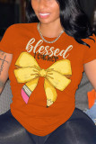 Pink Casual Letter Print Bow printing O Neck T-Shirts