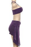 Purple Celebrities Solid Color Patchwork Backless Ruched Asymmetrical Collar Sleeveless Two Pieces