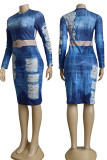 Blue Casual Print Patchwork O Neck Wrapped Skirt Dresses