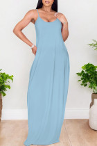 Light Blue Sexy Solid Color Pocket U Neck Sling Dresses