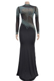 Apricot Sexy Patchwork Hot Drilling See-Through Turtleneck Long Dresses
