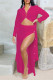 Rose Red Casual Solid Color Buttons Slit Turndown Collar Long Sleeve Two Pieces