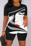 Black Casual Print Basic O Neck Short Sleeve Two Pieces