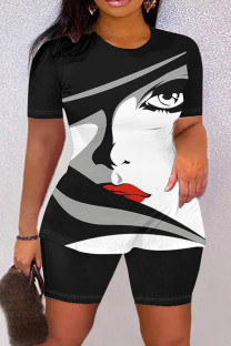 Black And White Casual Print Basic O Neck Short Sleeve Two Pieces