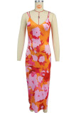 Red Sexy Print Patchwork Backless Spaghetti Strap Sling Dresses