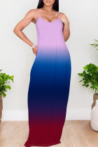 Powder Blue Elegant Gradient Print Patchwork Backless Spaghetti Strap Sling Dresses
