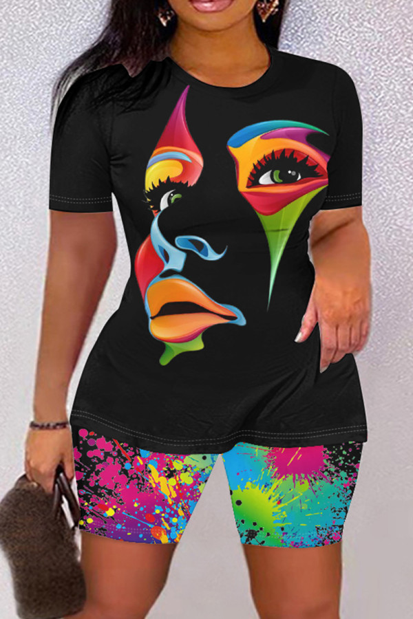 Black Casual Print Basic O Neck Short Sleeve Two Pieces