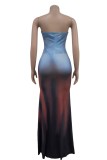 Blue Sexy Print Backless Strapless Long Dresses