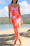 Red Sexy Print Patchwork Backless Spaghetti Strap Sling Dresses