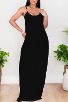 Black Sexy Solid Color Pocket U Neck Sling Dresses