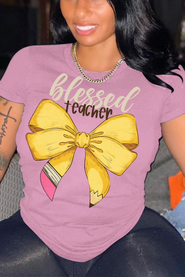 Pink Casual Letter Print Bow printing O Neck T-Shirts