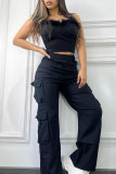 Black Casual Solid Color Pocket Patchwork Loose High Waist Straight Patchwork Bottoms