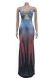 Blue Sexy Print Backless Strapless Long Dresses
