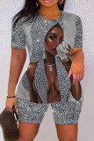 Black Casual Print Basic O Neck Short Sleeve Two Pieces