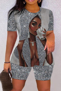 Silver Casual Print Basic O Neck Short Sleeve Two Pieces