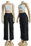 Black Casual Solid Color Pocket Patchwork Loose High Waist Straight Patchwork Bottoms