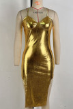 Gold Street Solid Color Patchwork Backless Slit Spaghetti Strap Long Dresses
