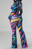 Multicolor Casual Print Patchwork Zipper Zipper Collar Long Sleeve Two Pieces
