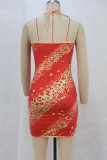 Red Sexy Print Patchwork Backless Halter Wrapped Skirt Dresses