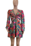 Pink Sexy Print Strap Design Patchwork V Neck Long Sleeve Two Pieces