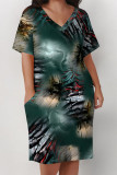 Dark Blue Casual Landscape printing Pocket V Neck Printed Plus Size Dresses