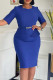 Deep Blue Celebrities Solid Color Patchwork Slit Ruched With Belt Zipper Asymmetrical Collar Wrapped Skirt Dresses
