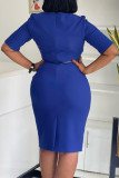 Deep Blue Celebrities Solid Color Patchwork Slit Ruched With Belt Zipper Asymmetrical Collar Wrapped Skirt Dresses