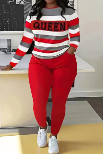 Red Casual Letters Pocket Patchwork O Neck Long Sleeve Two Pieces