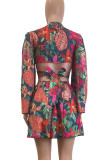 Pink Sexy Print Strap Design Patchwork V Neck Long Sleeve Two Pieces