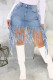 Baby Blue Street Solid Color Fringed Trim Pocket Buttons Patchwork Zipper A Line Plus Size