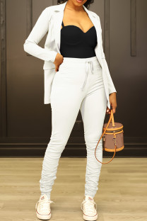 White Casual Solid Color Lace Up Patchwork Turn-back Collar Long Sleeve Two Pieces