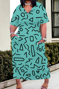 Cyan Casual Print Pocket Patchwork V Neck Straight Plus Size Dresses