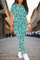 Cyan Casual Print Patchwork O Neck Short Sleeve Two Pieces