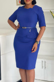 Deep Blue Celebrities Solid Color Patchwork Slit Ruched With Belt Zipper Asymmetrical Collar Wrapped Skirt Dresses