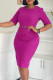 Rose Red Celebrities Solid Color Patchwork Slit Ruched With Belt Zipper Asymmetrical Collar Wrapped Skirt Dresses