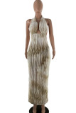 Camel Elegant Tie Dye Hollow Out Patchwork Backless Deep V Neck Long Dresses