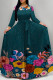 Ink Green Elegant Floral Print Lace Up O Neck Printed Dresses