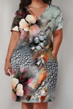 Dark Blue Casual Landscape printing Pocket V Neck Printed Plus Size Dresses