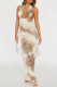 Camel Elegant Tie Dye Hollow Out Patchwork Backless Deep V Neck Long Dresses