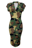 Camouflage Sexy Camouflage Print Patchwork Deep V Neck Wrapped Skirt Dresses