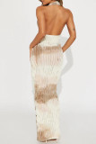 Camel Elegant Tie Dye Hollow Out Patchwork Backless Deep V Neck Long Dresses