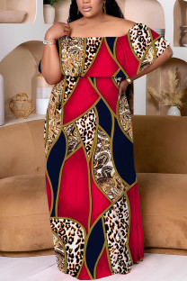 Red Casual Print Patchwork Off Shoulder Long Plus Size Dresses