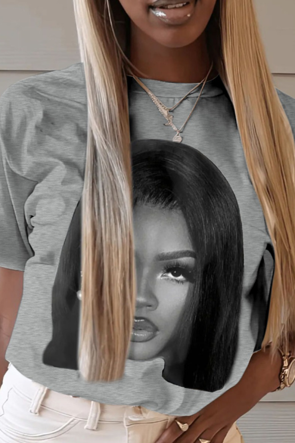 Light Gray Casual Street Figure Print O Neck T-Shirts