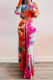 Red Casual Tie Dye Draw String Patchwork O Neck Long Sleeve Two Pieces
