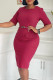 Brick Red Celebrities Solid Color Patchwork Slit Ruched With Belt Zipper Asymmetrical Collar Wrapped Skirt Dresses